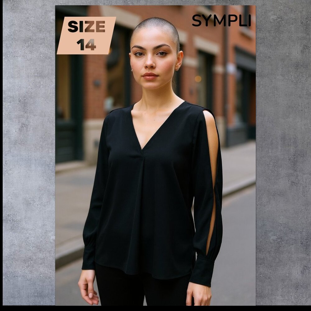 SYMPLI - Split Sleeve V-Neck Top, Long Sleeve, Black, Size 14, NWT